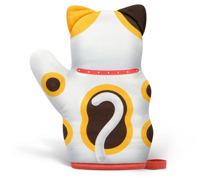 Back view of Feline Lucky Oven Mitt. In the shape of a white cat with black and yellow spots and it's tail forming a question mark. 