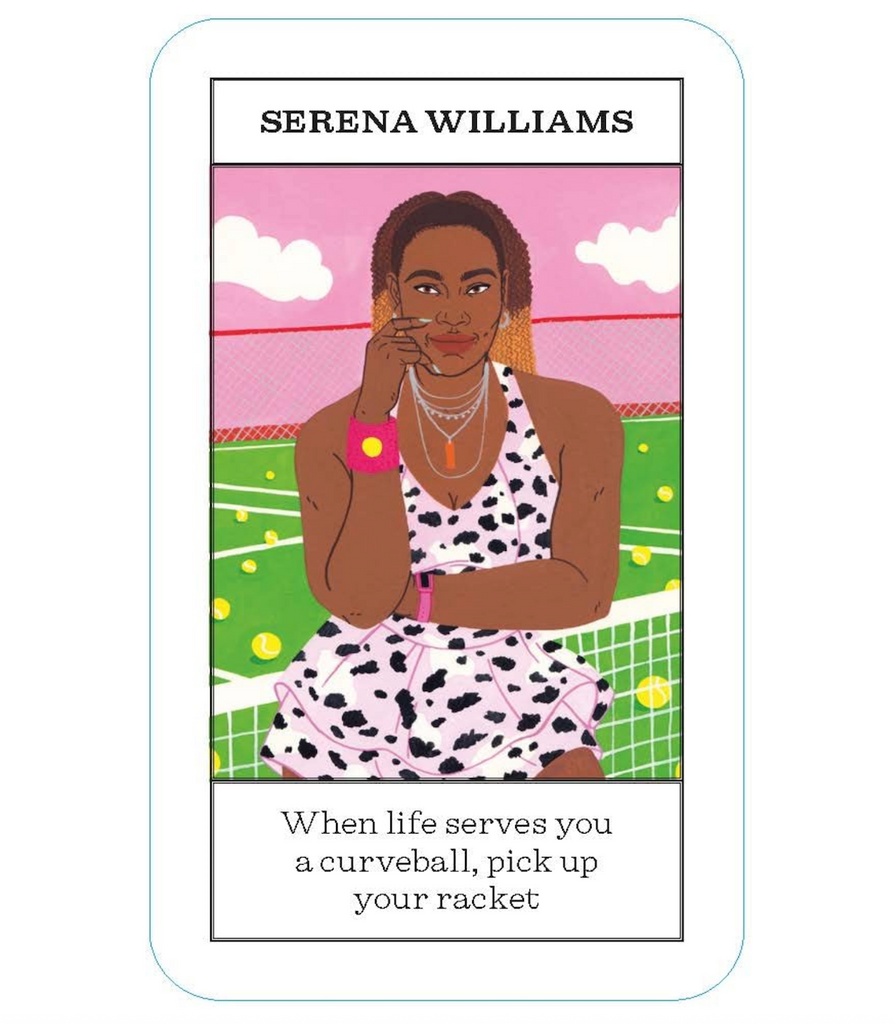 Illustration of Serena Williams on a card from the Feminist Oracle deck with a tennis court background that reads "When life serves you a curveball, pick up your racket" 
