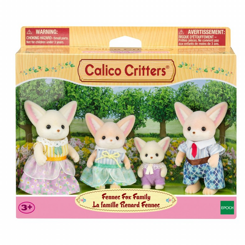 Calico Critters Fennec Fox Family toy set in a box with a clear window at the front to show off all four figures. 