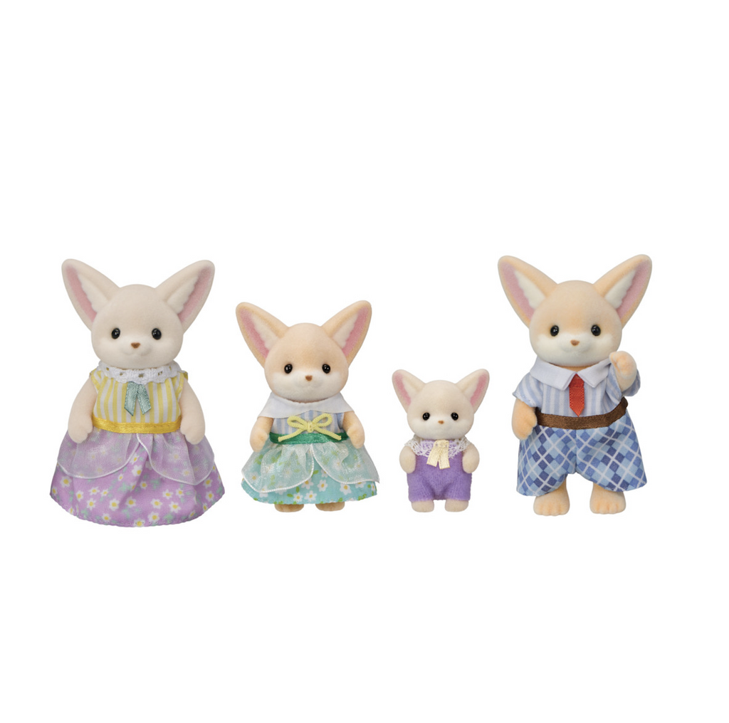 Set of four Calico Critters Fennec Fox animal figures. A mother, father and two siblings wearing fabric clothing. 
