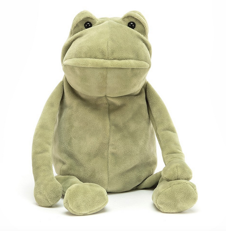 Fergus Frog stuffed animal sitting up and facing forward with long arms and legs and an indifferent expression on his face.