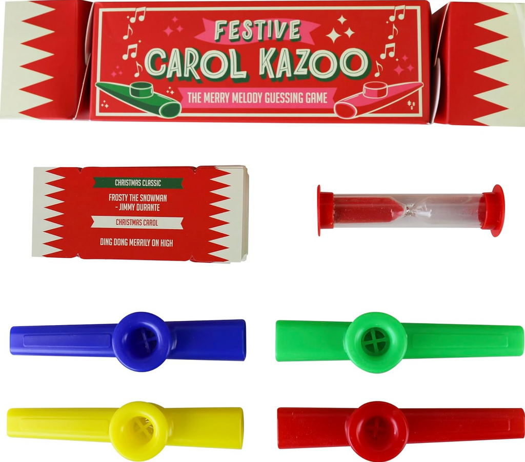 Components of the Festive Carol Kazoo party game. Four brightly colored kazoos, sand timer and category cards. 