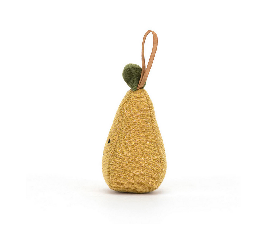 Side view of the festive folly pear ornament.