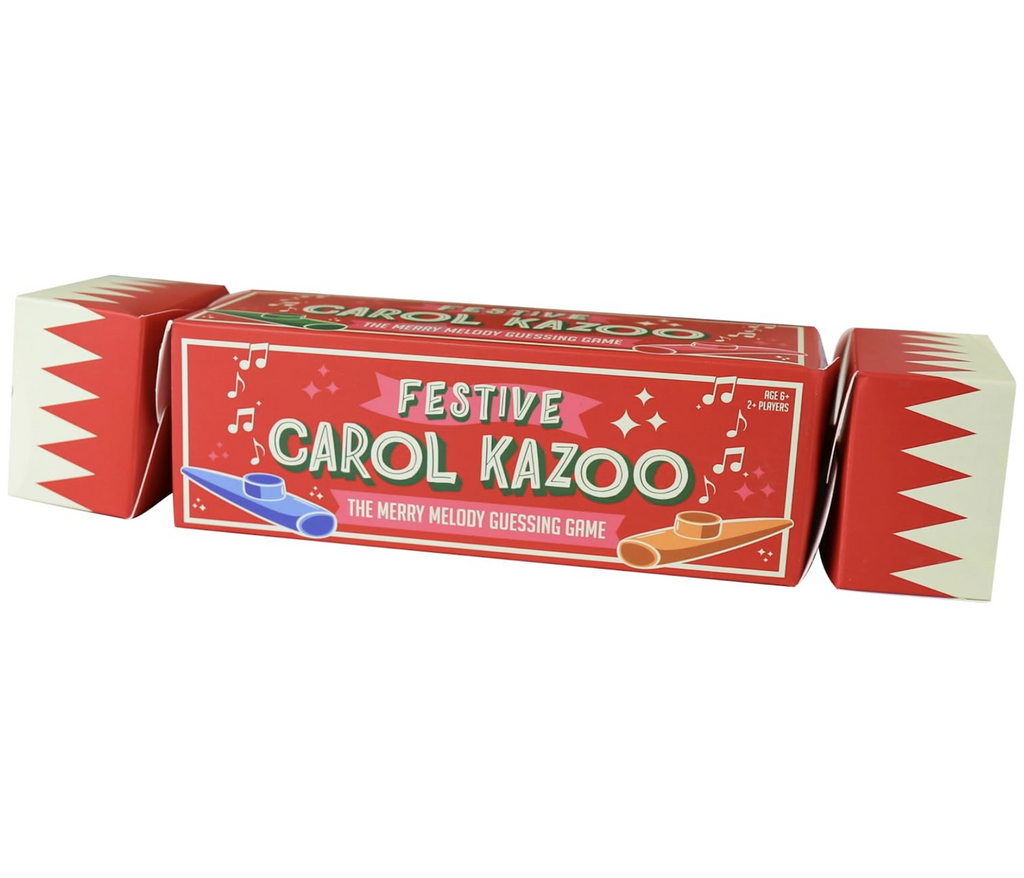 Festive Carol Kazoo game box that looks like a Christmas Party Cracker. 