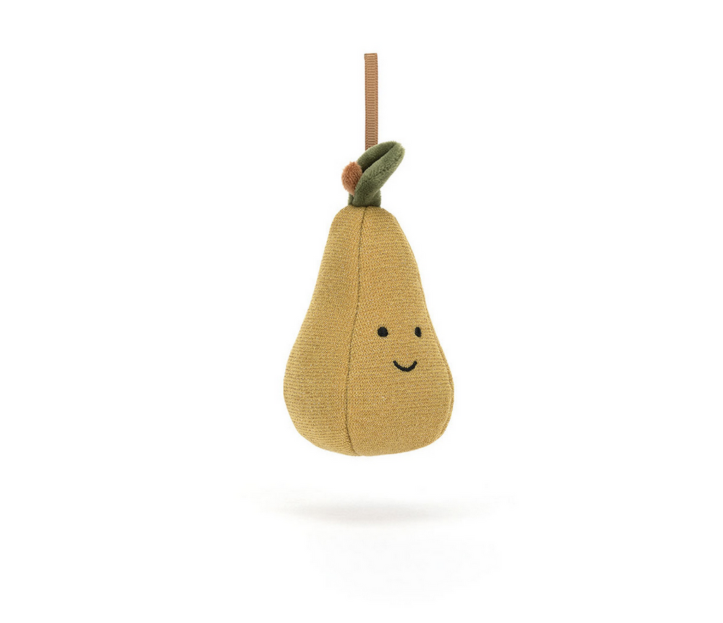 Gold happy faced pear plush ornament.