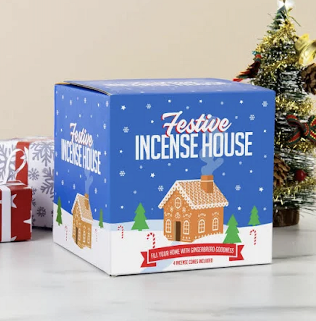 Festive Incense House box with illustration of a gingerbread house with smoke rising from the chimney. 