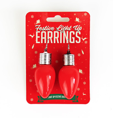 Set of light up red Christmas bulb earrings. 