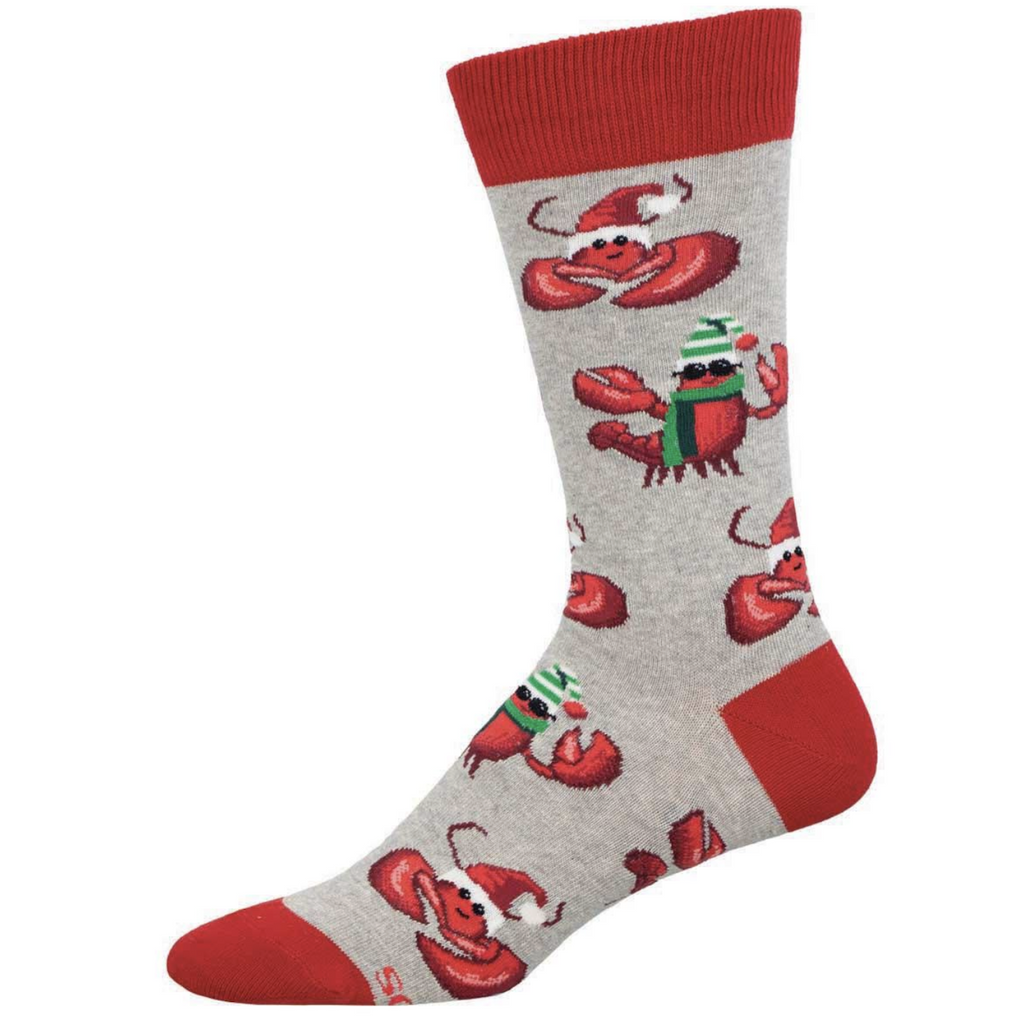 Grey socks with various lobsters wearing festive hats and scarfs and even sunglasses. 