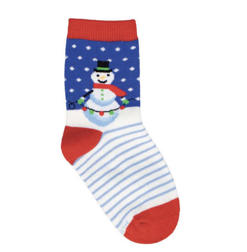 Blue, white and red toddler socks with a snowman holding a string of red and green lights on a snowy background. Sized for toddlers. 