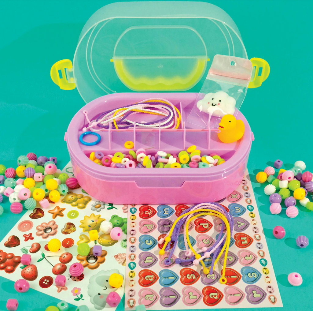 The Fidgiwear Squishy Beads craft set with  over 350 soft-touch squishy beads to string onto 12 easy-fasten bracelets and 3 necklaces, plush a beading case that can also be used a work station. 