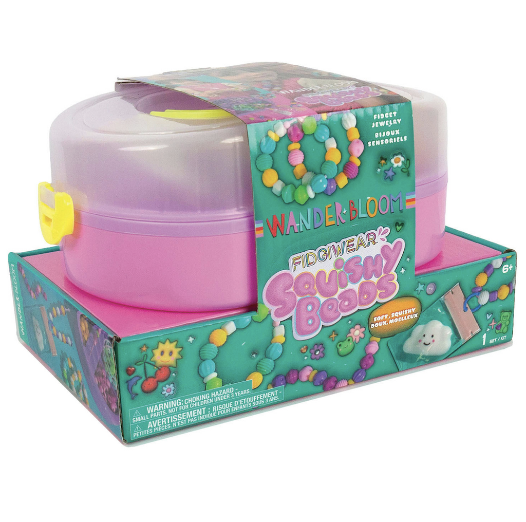 The Wander Bloom Fidgiear Squishy Beads Jewelry kit a beading case with a handle on top filled with all the supplies needed to make fidget jewelry 