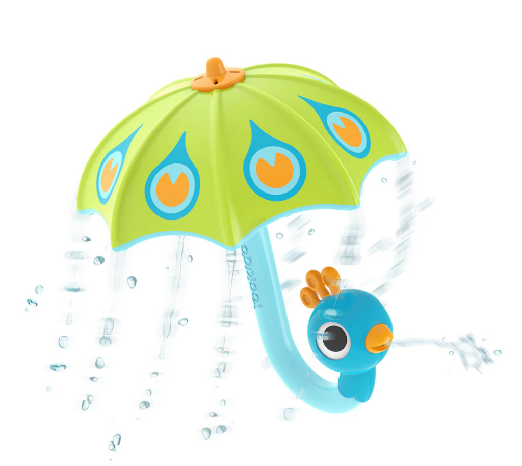 Toy umbrella bath toy with peacock design and handle spraying water. 