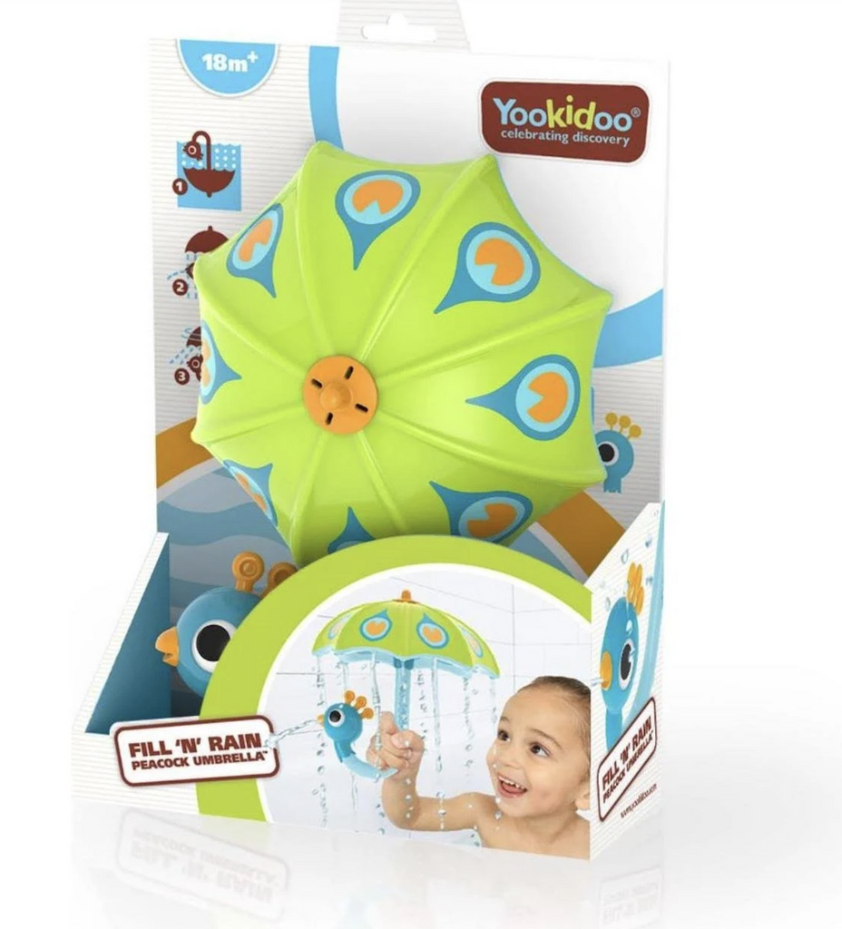 Fill N Rain Peacock Umbrella in green packaged in an open box. 