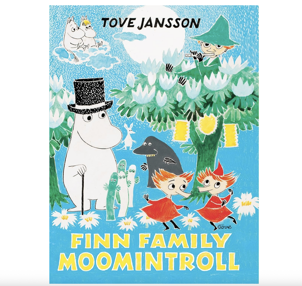 Whimsically illustrated cover of the chapter book "Finn Family Moomintroll" 