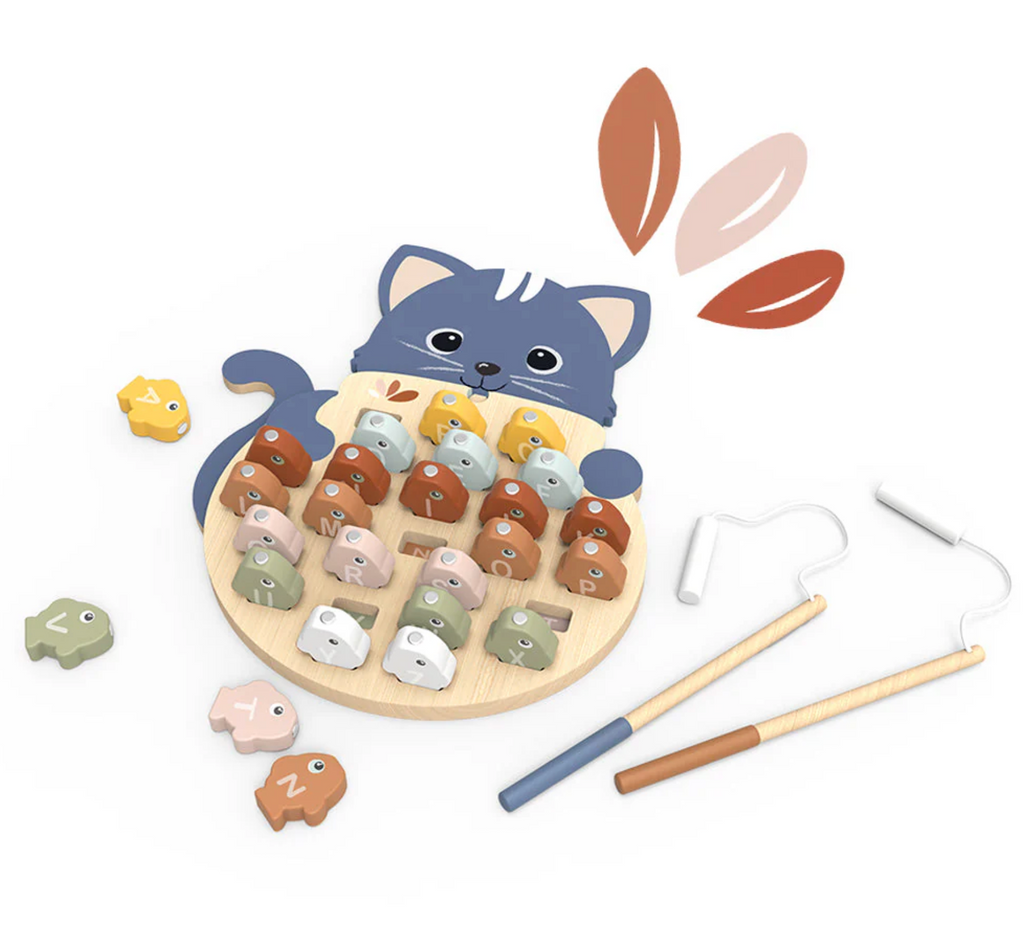 Wooden toy set with a cat-shaped board and colorful fish with letters from the alphabet painted on them. Two wooden fishing poles are used to pick up the magnetic fish. 