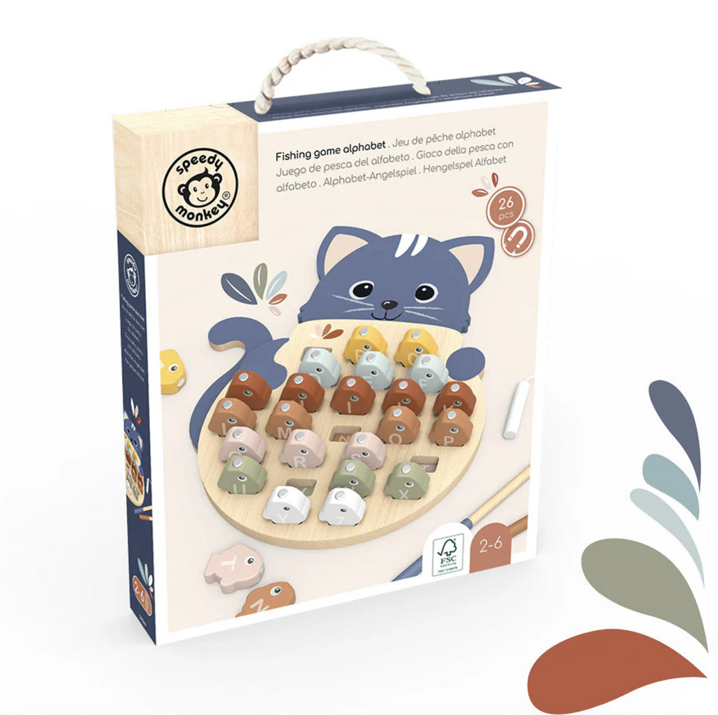 Colorful box with rope handle featuring a picture of the wooden game board shaped like a kitten with fish with letters of the alphabet painted on them. There is also a wooden fishing pole used to pick up the fish. 