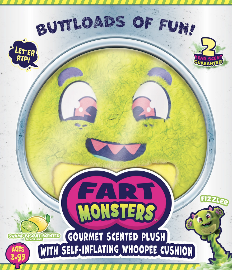 Fizzler Fart Monster packaged in a box with a clear window that shows off it's face, which has a goofy expression and the words "Buttloads of Fun!" written across the top of the box. 