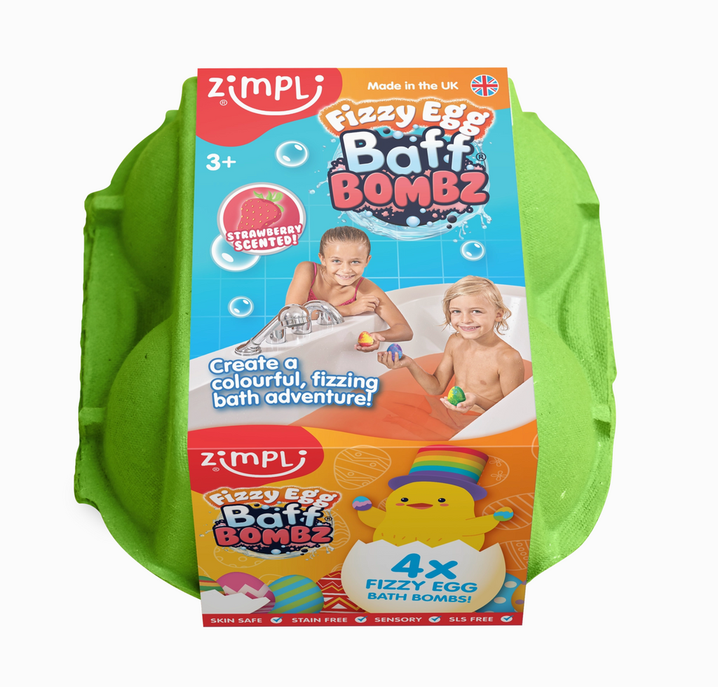 Package for Fizzy Egg Baff Bombs. Create a colorful, fizzing bath adventure. 4 Fizzy egg bath bombs included.