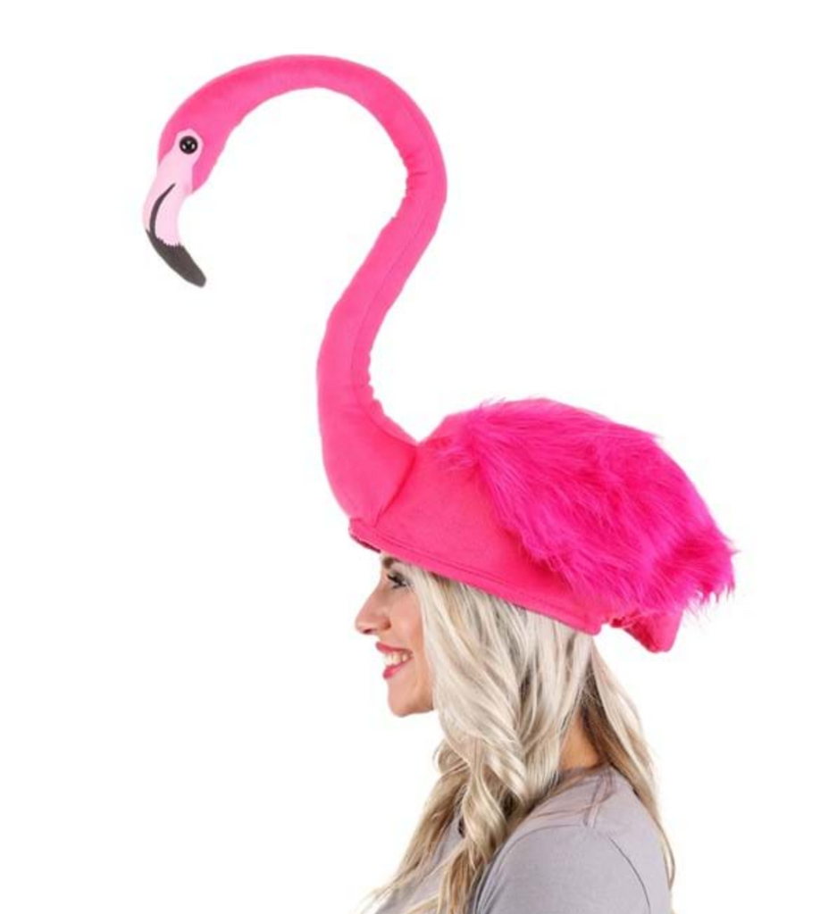 Pink Flamingo plush hat viewed from the side being worn by a young lady. 