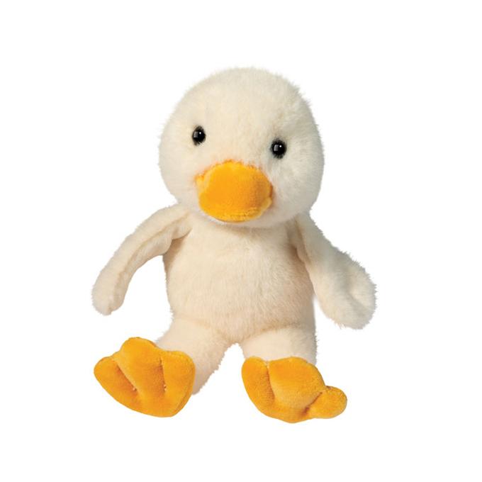 Cute little baby duck stuffed animal with flappy arms and bright orange webbed feet and beak. 