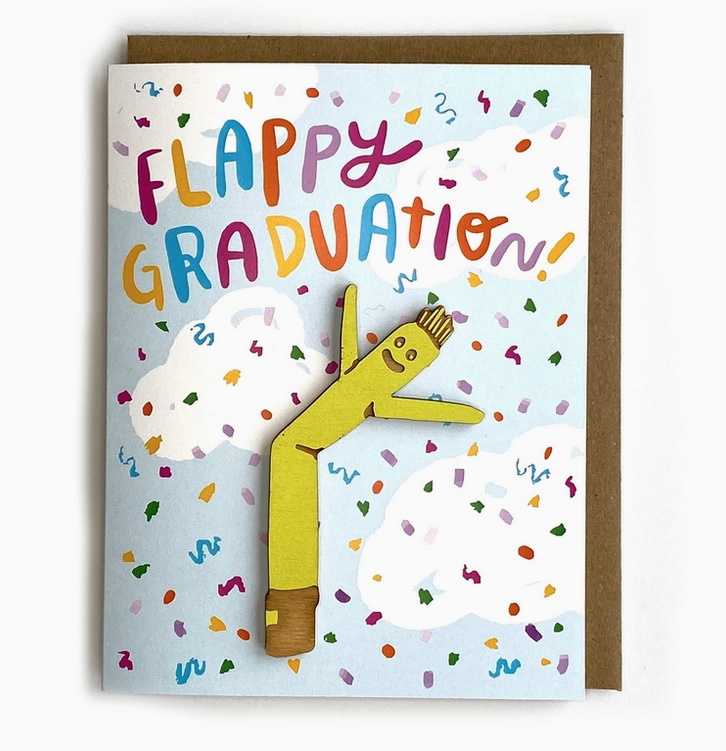 Greeting card with illustrated confetti in the sky around a yellow air dancer taht reads "Flappy Graduation"
