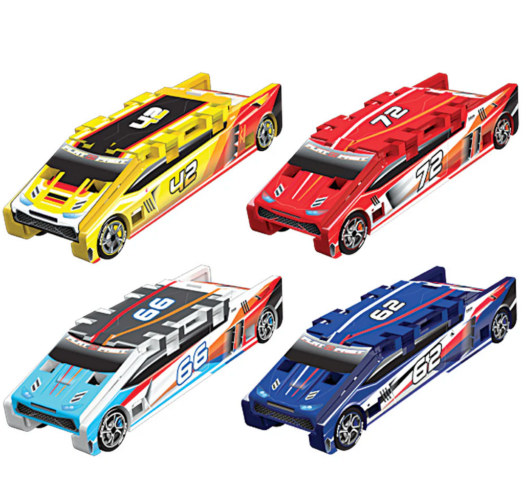 Four assorted colors and styles of the Flat to Fast Card Racers. 