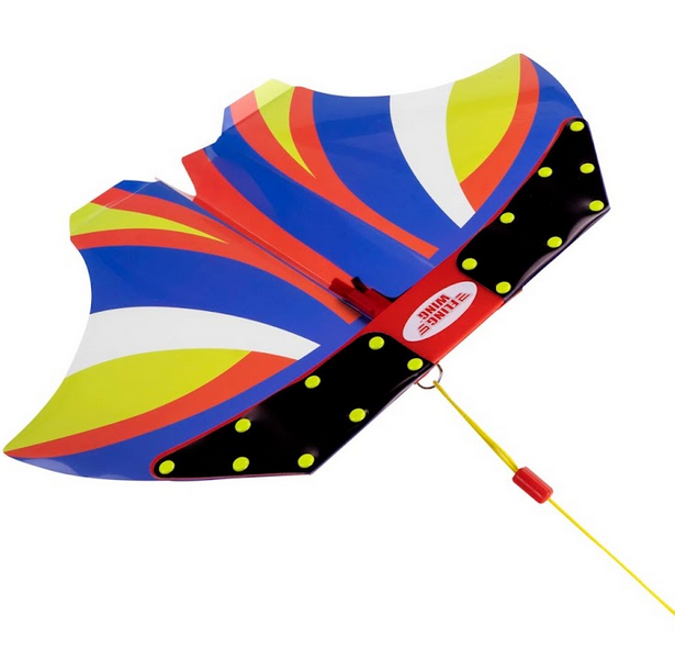 Bright red, blue, yellow and white adorn the Fling Wing Stunt Flyer. It is designed with a strong and durable plastic shell