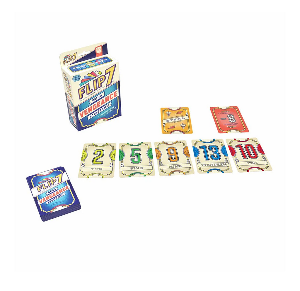 Flip 7 Vengeance card game set with its box, a draw pile, and several numbered cards arranged on a table. 