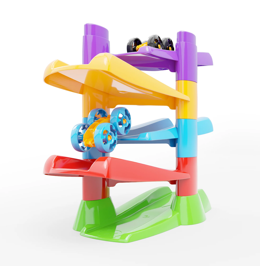 Multi level colorful race track with two flip cars. 