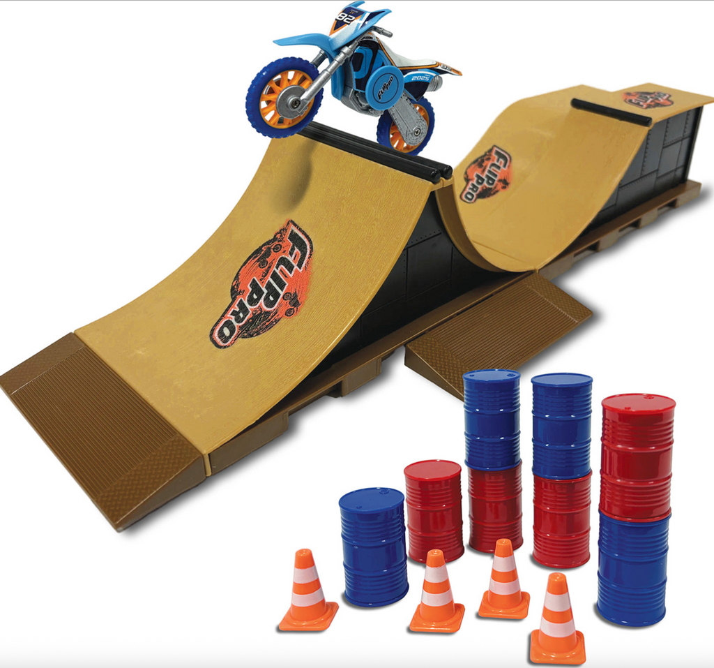 Flip Pro Spin bikes toy dirt bike and ramp set with red and blue barrel obstacles and orange cones. 