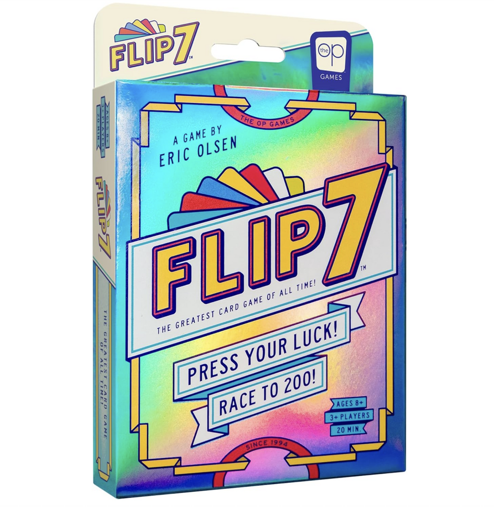 Flip 7 Card game boxed in a colorful box that has bright yellow lettering and banners for the title of the game. 