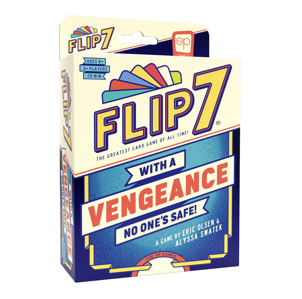 The Flip 7 With a Vengeance card game packaged in a hangable box with yellow and red lettering. 