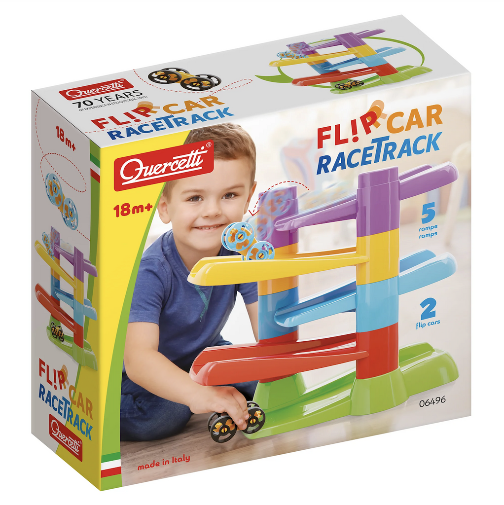 Flip Car Race Track box with a picture of  a child sitting beside the multi level colorful track with the cars in motion. 