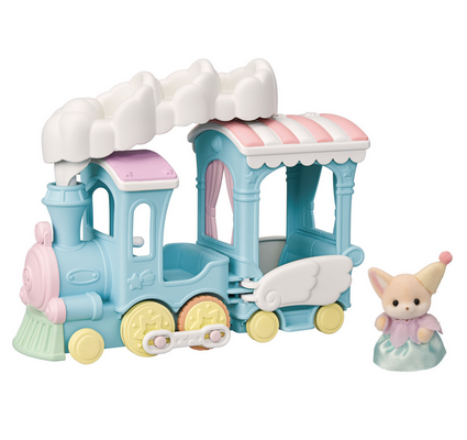 Pastel colored two car train with baby fox figure and smokestack.