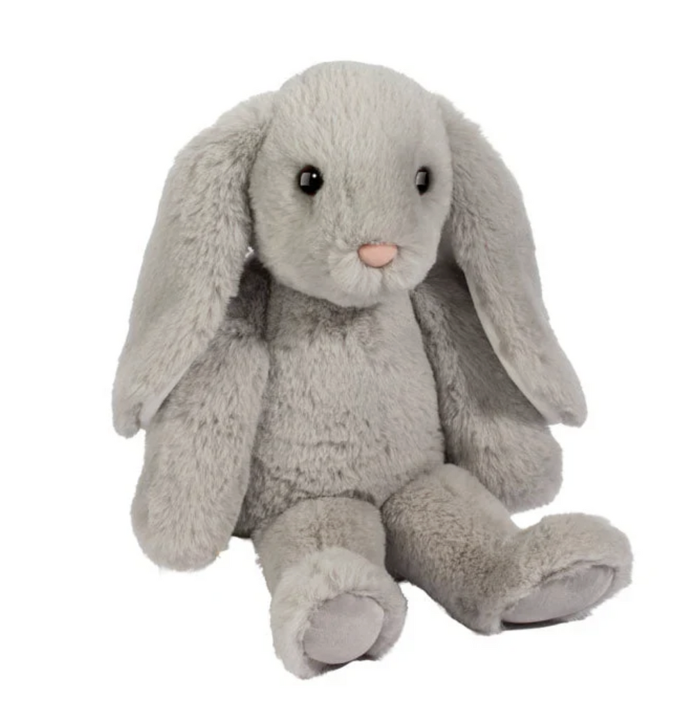 Beautiful Beckham Floppy Bunny plush with velvet gray fur seated and facing forward. 