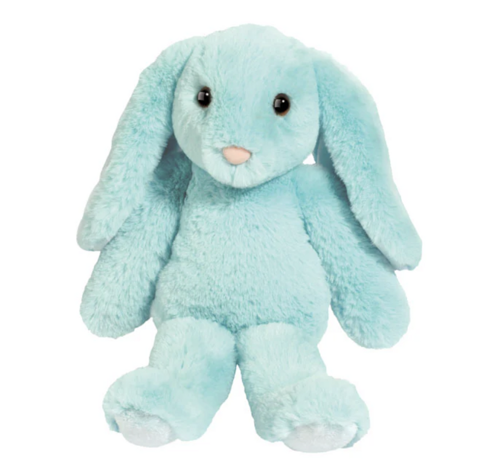 Adorable plush aqua colored bunny with long ears and an impossibly soft body. Sitting upright and facing forward. 