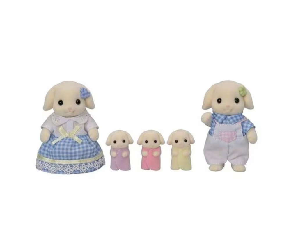 Mother, father, and baby triplets Flora Rabbit Family Calico Critters figures on a white background.