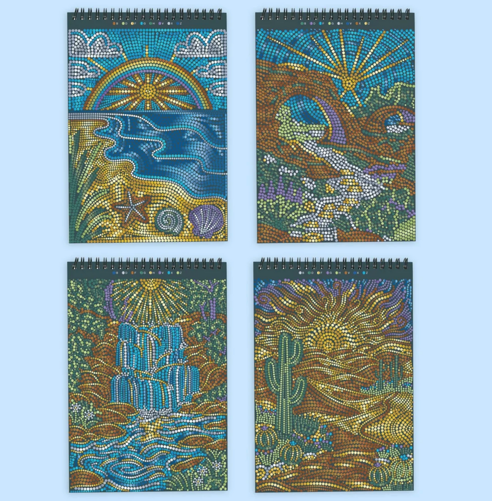 Four scenes of expansive landscapes, glowing skies, and natural wonders made from the FLowArt Dot By Letter Majestic Earth Metallic Ink art pad. 