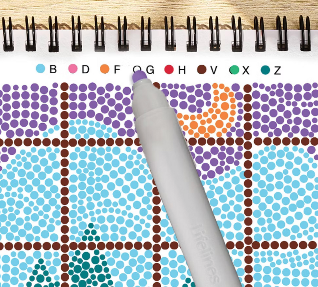 Color key for a Dot By Letter coloring page from the "Snowed In" art pad. 