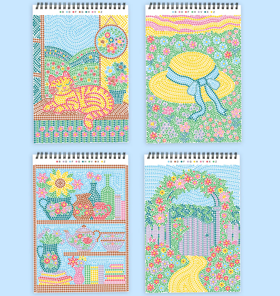 Four different Dot by Letter Cozy Cottage themed art sheets colored in, pictures of a cat in a window, a sunhat in a field of flowers, shelves full of decorative objects and a flower filled garden gate. 