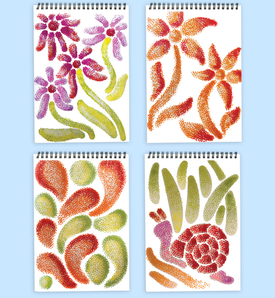 Four spiral-boundimages with floral designs made using the Pogo Dot technique. 