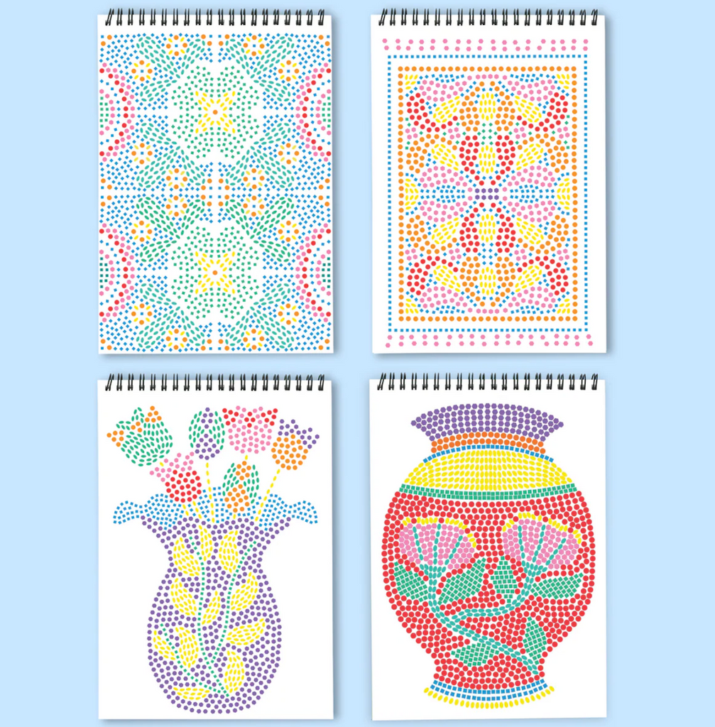 Four colorful mosaic pages from the FLowArt Stamp by Shape Mediterranean kit. 