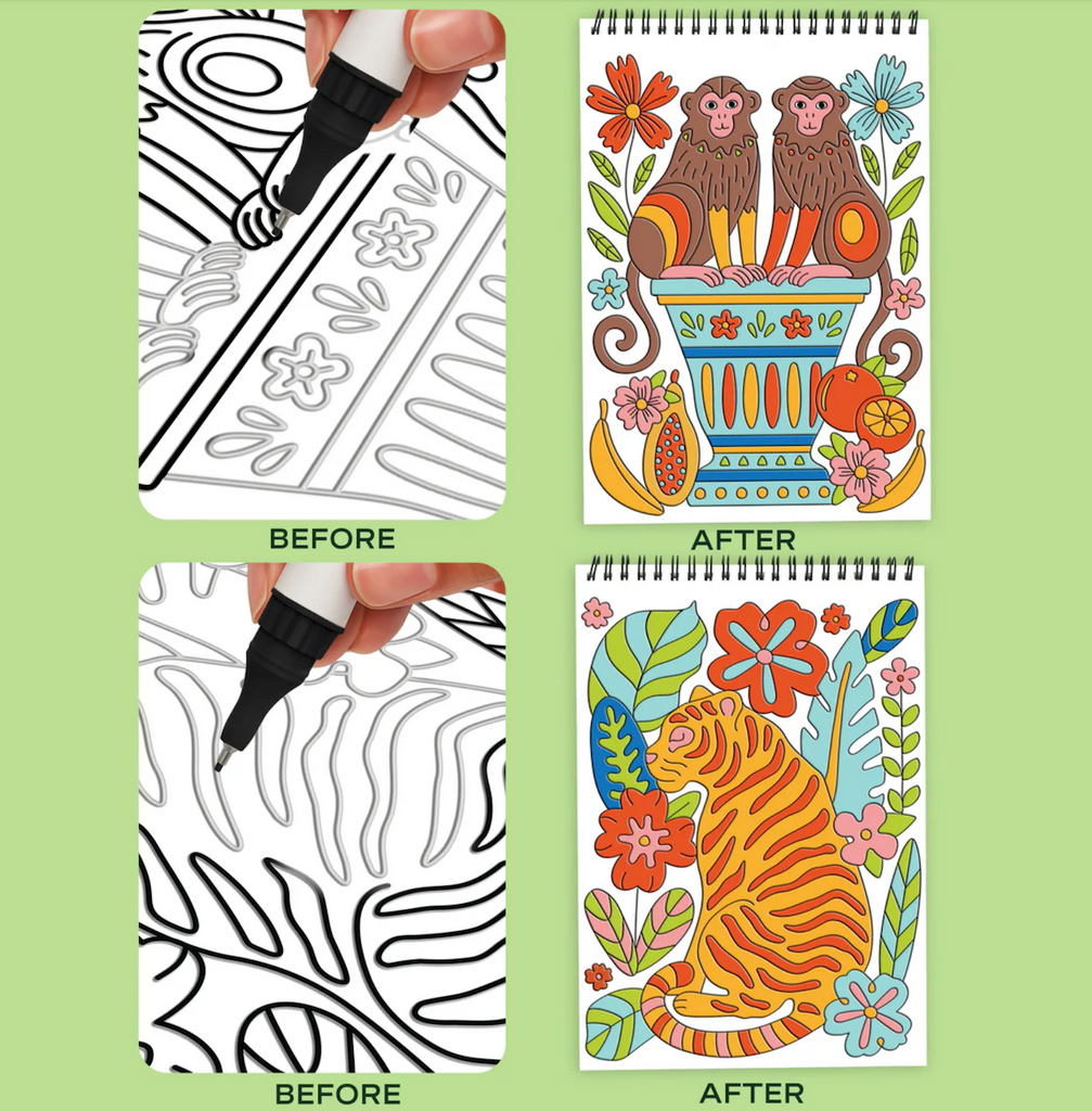 Before and after trace by groove pages with a hand holding markers and tracing along grooved lines. 