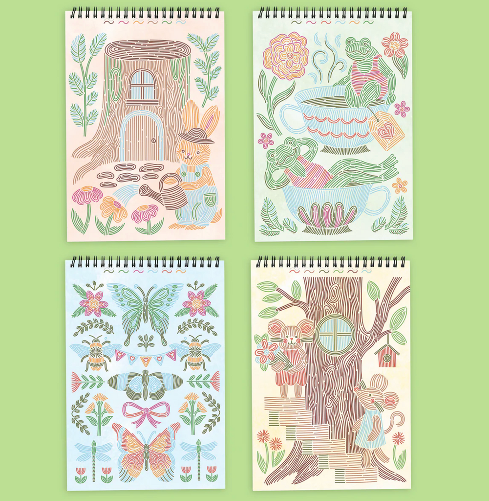 Four illustrated colored pages from the Trace By Line Woodland Whimsy. 