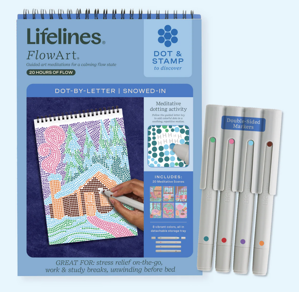 FlowArt Dot by Letter spiral art pad with double sided markers and a picture of one of the cozy scenes in the"Snowed In" theme. 