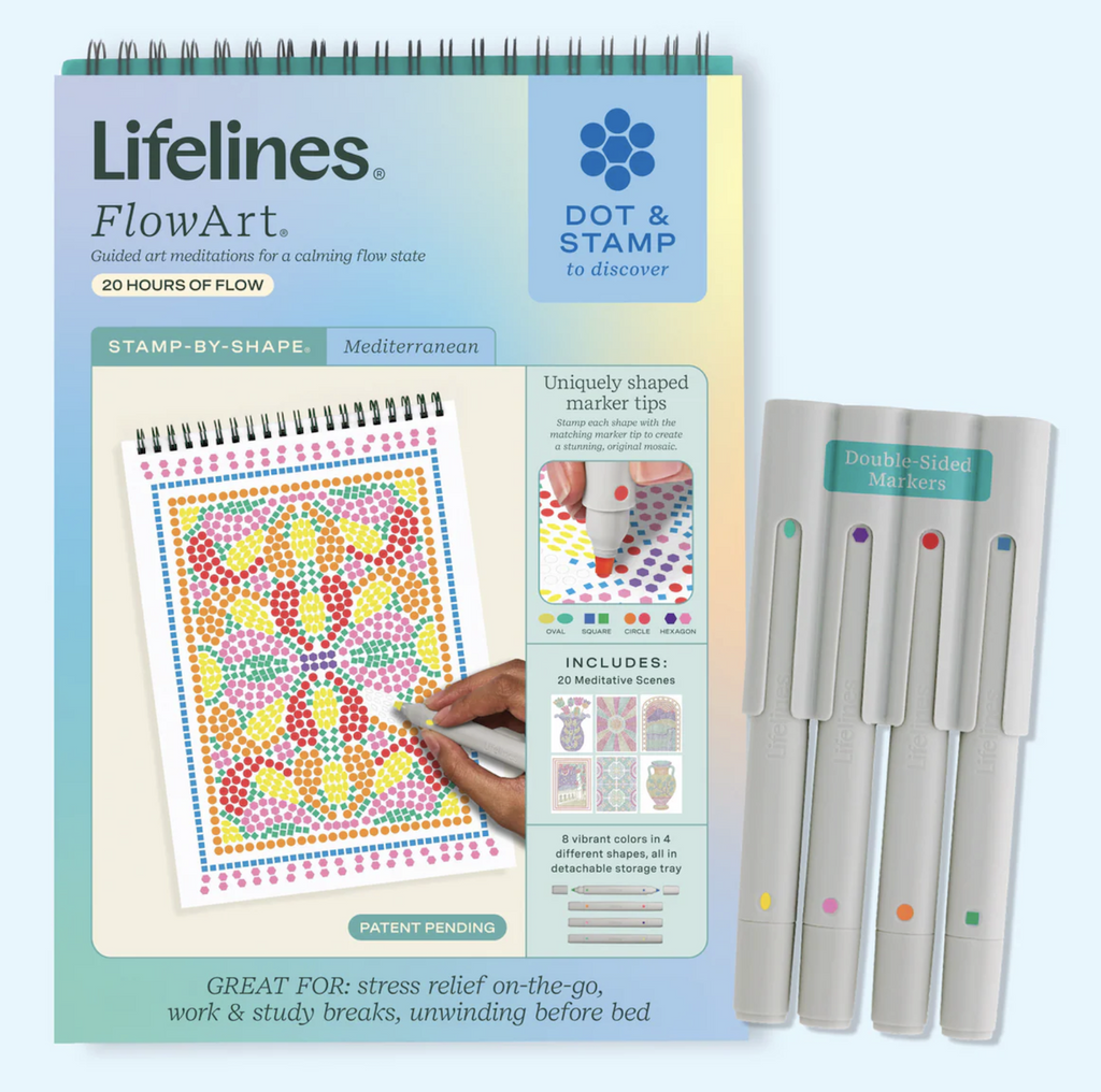 FlowArt Stamp by Shape Mediterranean kit. Spiral art pad with a colorful mosaic in progress. 