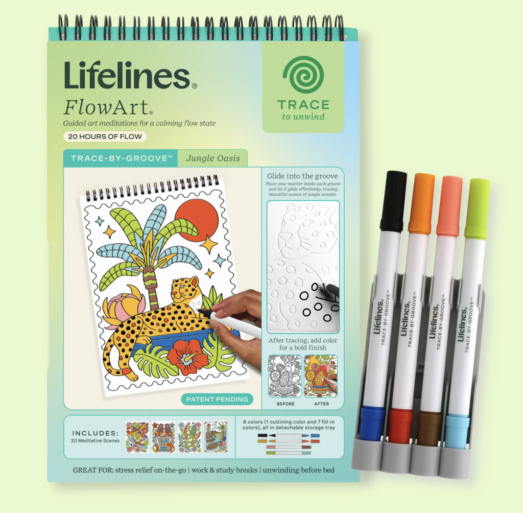 Trace By Groove Jungle Oasis FlowArt  spiral bound pad with an in progress sheet featuring a jaguar and tropical plants, plus a small instructional picture. 