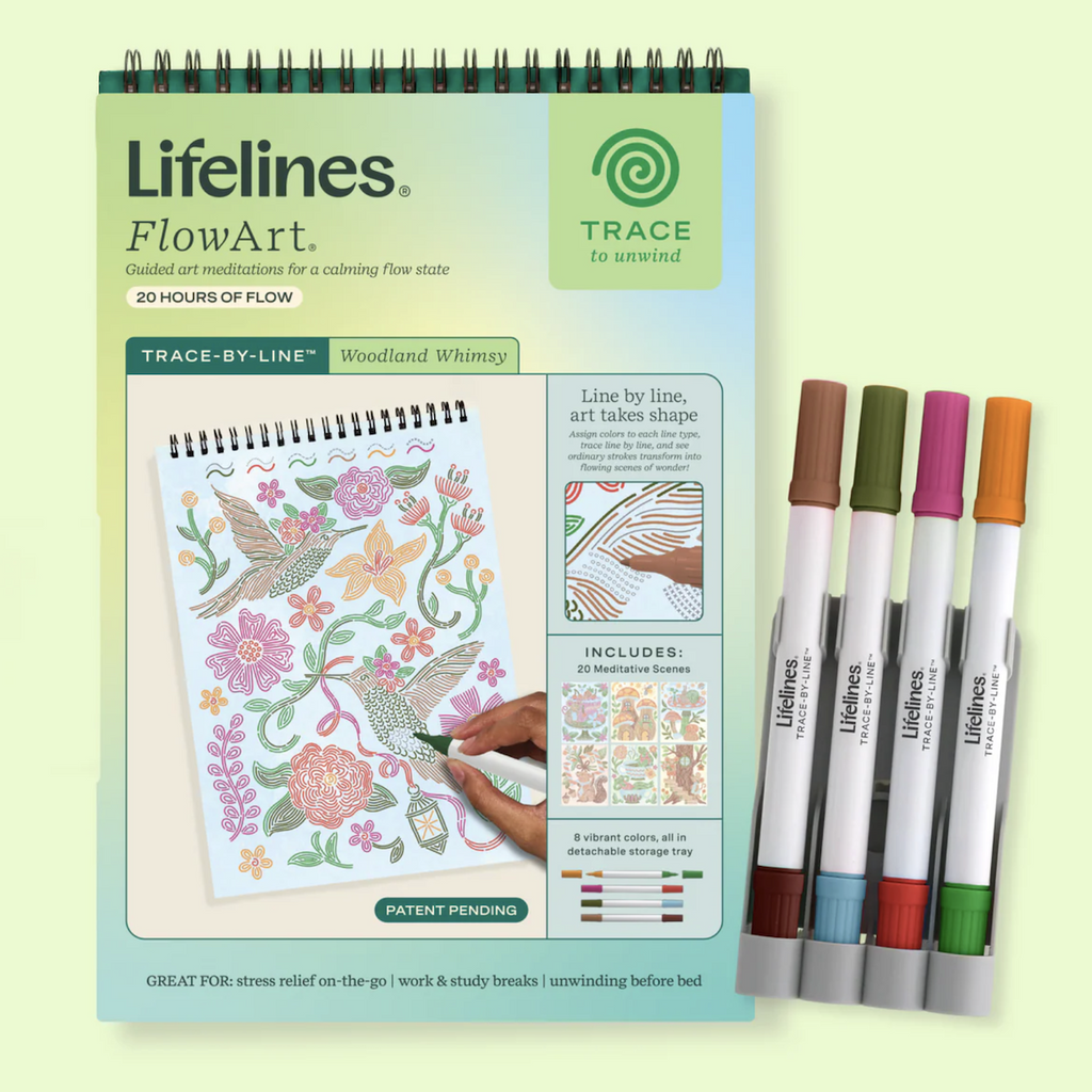 Cover of the Woodland Whimsy Trace by Line FlowArt pad. With a page in progress and four double sided markers. 