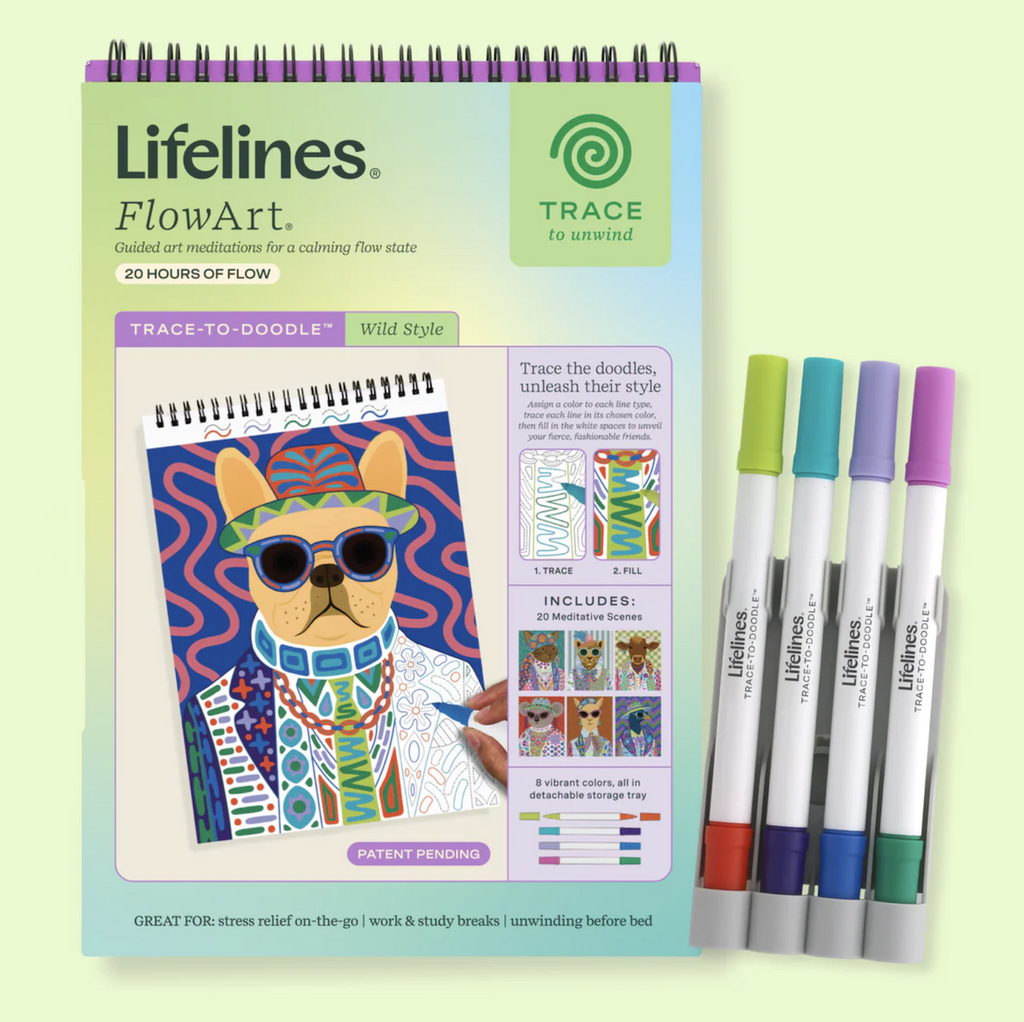 Spiral bound FlowArt Trace to Doodle Wild Style pad featuring pictures of an in progress coloring page, completed pages, and a close up of the lines to trace. 