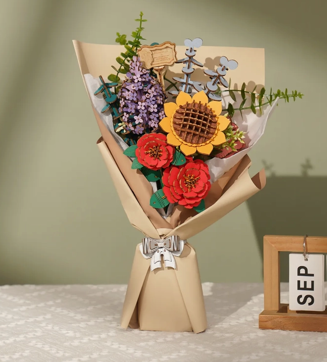 The completed 3D puzzle flower bundle.